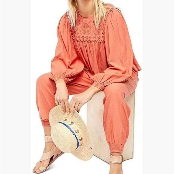 NWT Free People Valencia Top and Pant Cotton Blend Two-Piece Set in Orange - Picture 2 of 8